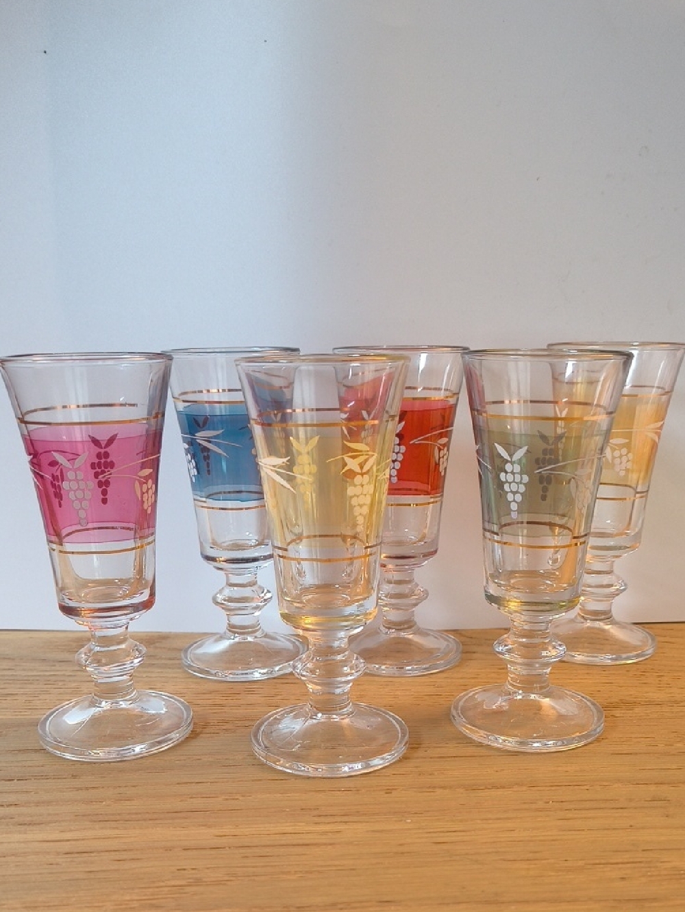 Vintage MCM Lubiana Italy Harlequin Liqueur Glasses Set of 6  Etched Berry Vines